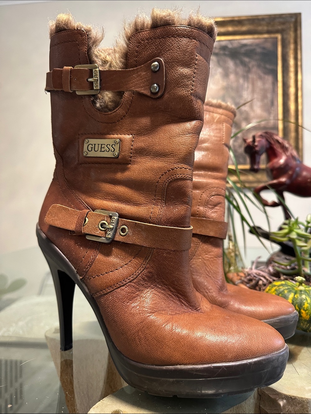 GUESS Brown Leather Fur-Trim High Heel Ankle Boots